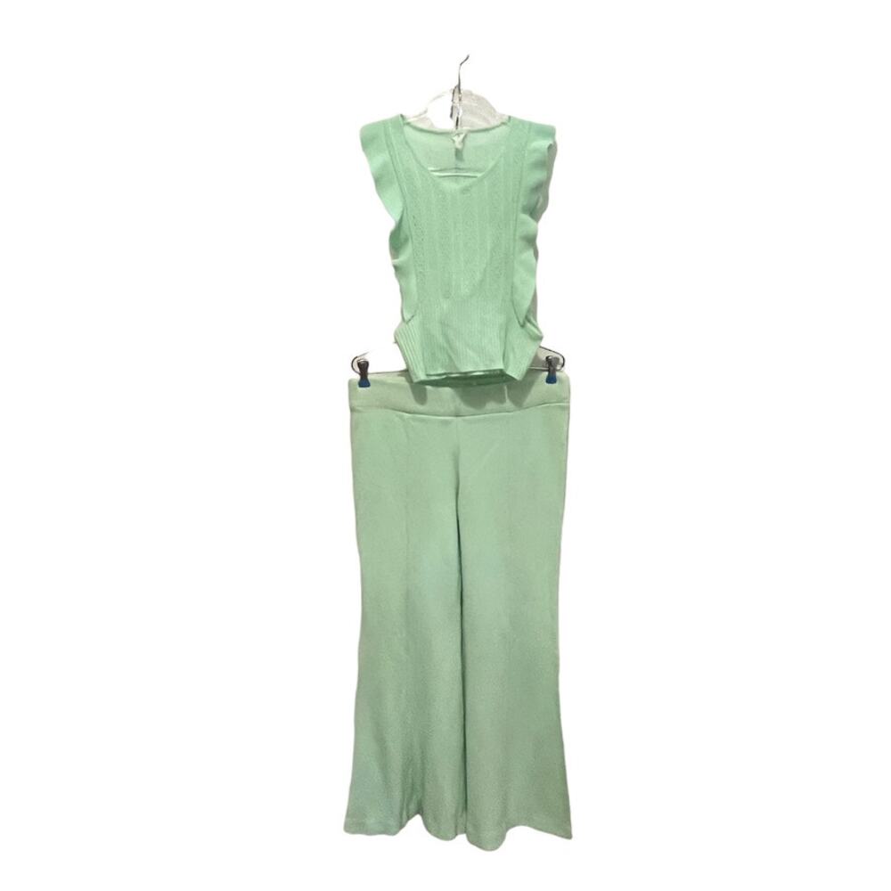 60s Pant Set Women's XS S Vintage Ruffle Trim Top and Pants Stretch Poly US Made